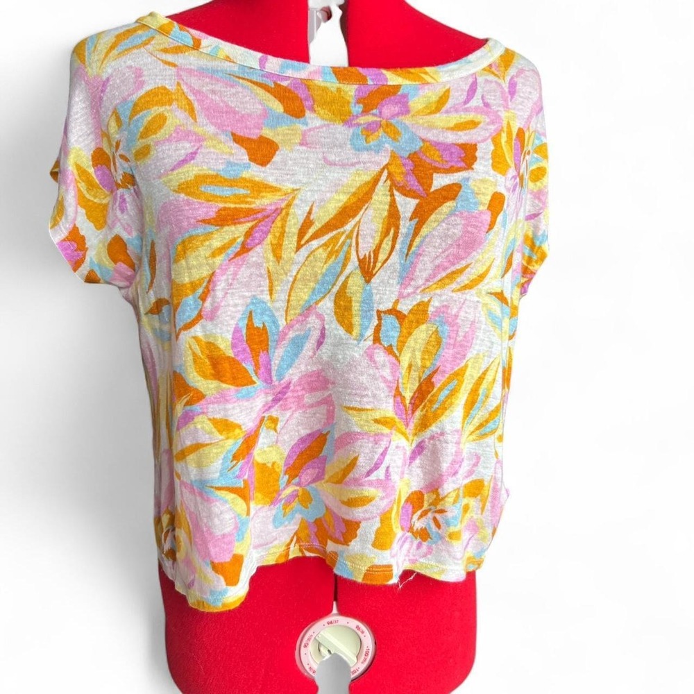 joie Pastel Floral Cropped Linen T Shirt Super Soft and Lightweight